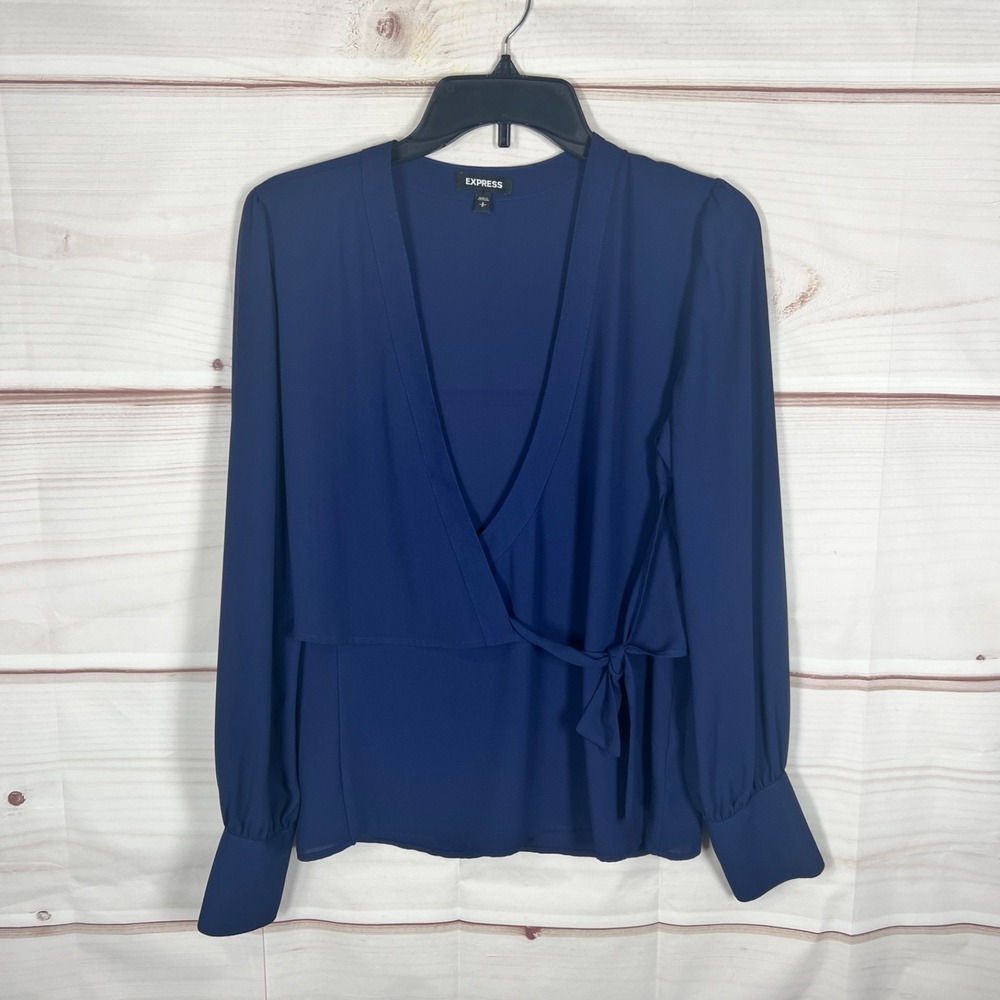 Express Top Womens Small Blue Faux‎ Wrap Blouse Long Sleeve V-Neck Woven Solid